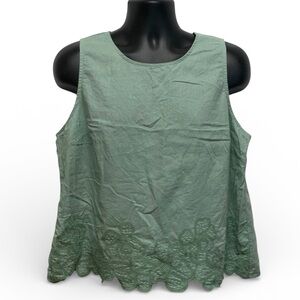 J.Crew Green Eyelet Hem Sleeveless Top Women’s XL Linen Blend